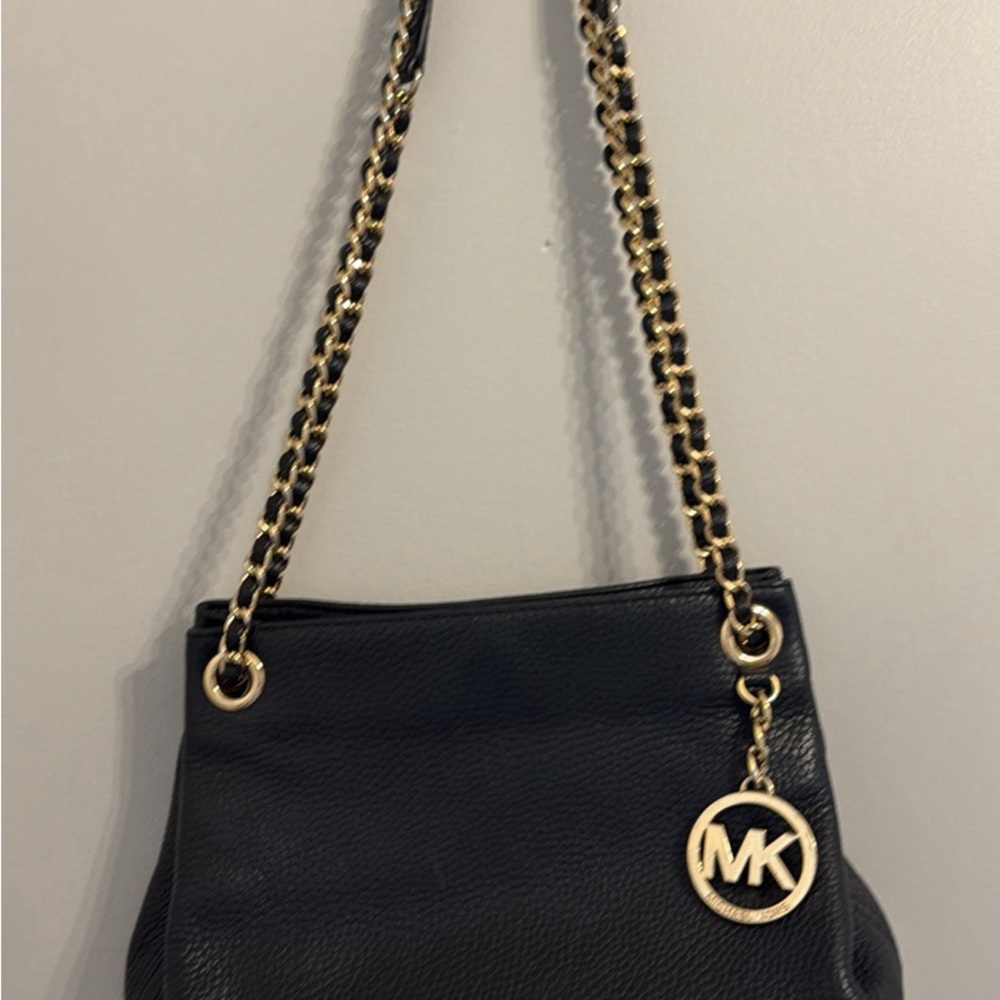 Michael Kors Black Pebbled Leather Shoulder Bag with Gold Chain